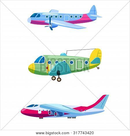 Set Of Airplanes Aircraft Different Colour. Retro, Personal, Cargo, Speed, Monoplane. Vector Isolate