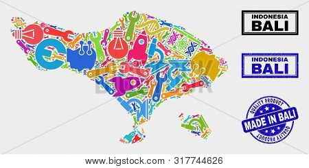 Vector Collage Of Tools Bali Map And Blue Watermark For Quality Product. Bali Map Collage Composed W