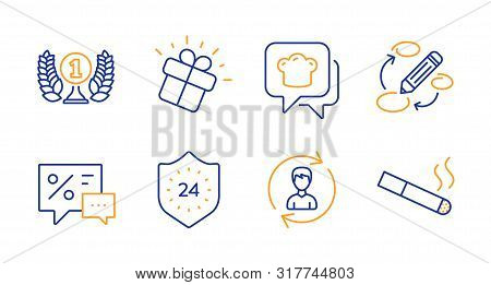 24 Hours, Human Resources And Gift Line Icons Set. Cooking Hat, Discounts And Laureate Award Signs. 