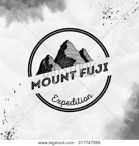 Fuji Logo. Round Expedition Black Vector Insignia. Fuji In Honshu, Japan Outdoor Adventure Illustrat