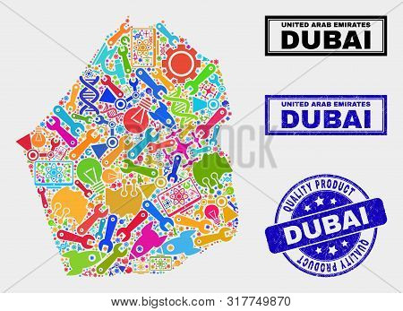 Vector Collage Of Technology Dubai Emirate Map And Blue Seal For Quality Product. Dubai Emirate Map 