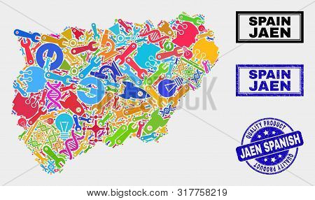 Vector Collage Of Service Jaen Spanish Province Map And Blue Seal Stamp For Quality Product. Jaen Sp
