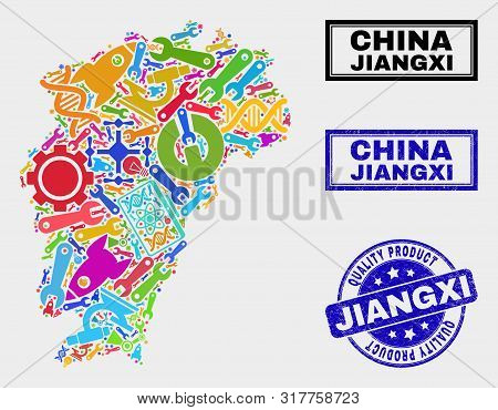 Vector Collage Of Tools Jiangxi Province Map And Blue Watermark For Quality Product. Jiangxi Provinc