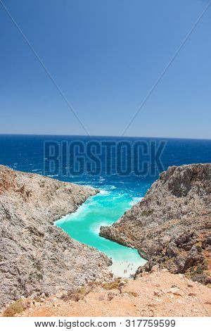 Seitan Limania Beach On Crete, Greece. Travel Tourism Wide Panorama Background Concept. Beautiful Be