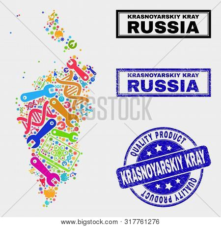 Vector Collage Of Service Krasnoyarskiy Kray Map And Blue Seal For Quality Product. Krasnoyarskiy Kr