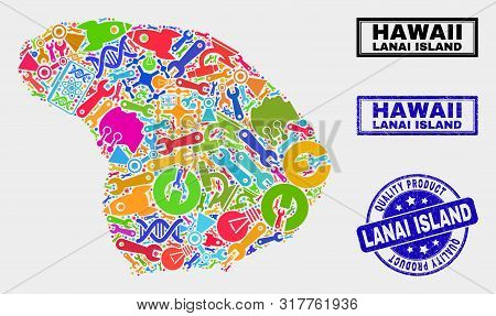 Vector Collage Of Service Lanai Island Map And Blue Watermark For Quality Product. Lanai Island Map 