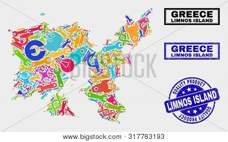 Vector Collage Of Tools Limnos Island Map And Blue Seal Stamp For Quality Product. Limnos Island Map