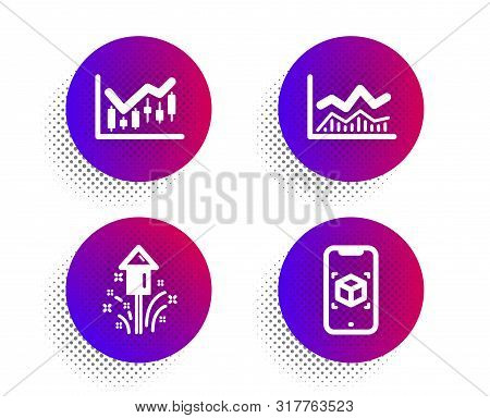 Financial Diagram, Trade Infochart And Fireworks Icons Simple Set. Halftone Dots Button. Augmented R