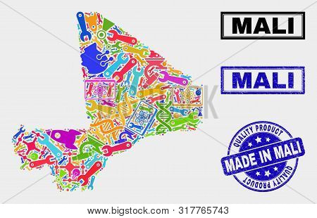 Vector Collage Of Tools Mali Map And Blue Watermark For Quality Product. Mali Map Collage Made With 