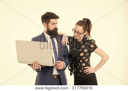 Financial Indicators. Couple Working Using Laptop. Business Lady Check What Is Done. Lady Boss Satis