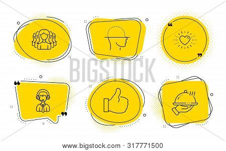 Like, Face Scanning And Restaurant Food Signs. Chat Bubbles. Women Group, Shipping Support And Heart