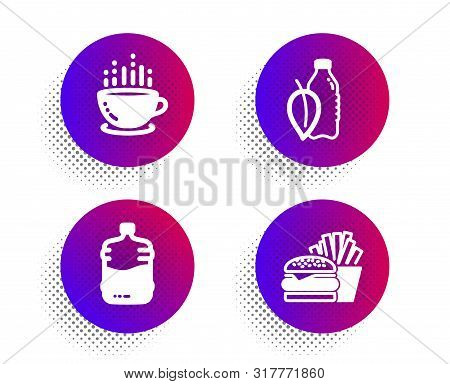 Cooler Bottle, Coffee Cup And Water Bottle Icons Simple Set. Halftone Dots Button. Burger Sign. Wate