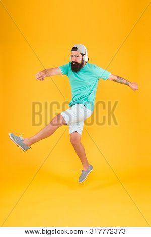 Bearded Guy Enjoy Music. Music Fan. Man Listen Music Wireless Headphones In Motion. Impetuous Moveme