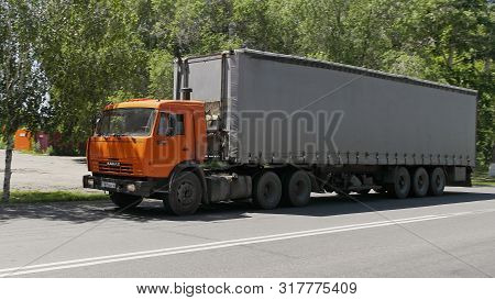 Kazakhstan, Ust-Kamenogorsk - 26 June, 2019. Semi truck KAMAZ on the road.