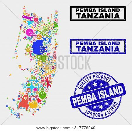 Vector Collage Of Tools Pemba Island Map And Blue Watermark For Quality Product. Pemba Island Map Co