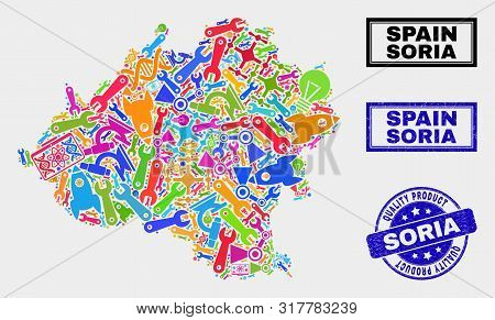 Vector Collage Of Service Soria Province Map And Blue Watermark For Quality Product. Soria Province 
