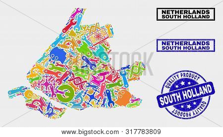 Vector Collage Of Service South Holland Map And Blue Seal For Quality Product. South Holland Map Col