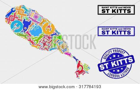 Vector Collage Of Service St Kitts Island Map And Blue Stamp For Quality Product. St Kitts Island Ma