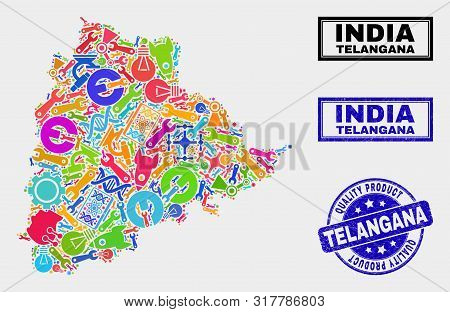 Vector Collage Of Service Telangana State Map And Blue Stamp For Quality Product. Telangana State Ma