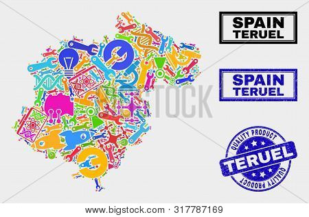 Vector Collage Of Service Teruel Province Map And Blue Seal Stamp For Quality Product. Teruel Provin