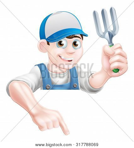 A Cartoon Gardener Character In A Cap And Blue Dungarees Holding A Garden Fork Tool And Pointing Dow