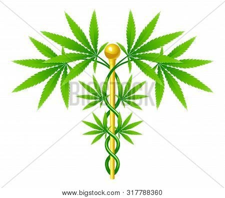 A Medical Marijuana Plant Caduceus Concept Symbol With Cannabis Plant With Leaves Intertwined Around