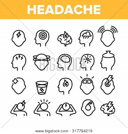 Collection Headache Elements Icons Set Vector Thin Line. Migraine Brain, Tension And Cluster Headach
