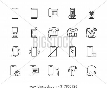 Phone Flat Line Icons Set. Smartphone, Landline Telephone, Portable Device, Walkie Talkie, Broken Di