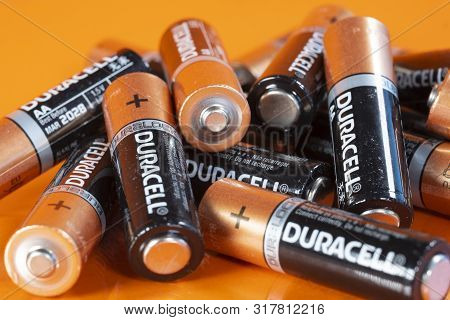 Sofia, Bulgaria - 11 August 2019: Multiple Used Duracell Aa Alkaline Batteries Are Seen Arranged In 