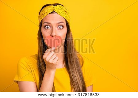 Close Up Photo Of Impressed Youth Hide Her Face With Paper Card Heart Dint Share News Isolated Over 