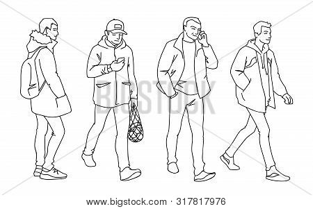 Set Of Young And Adult Men Standing And Walking. Monochrome Vector Illustration Of Men In Different 