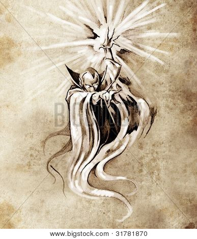 Schizzo di arte del tatto, warlock, stregone, concetto di halloween