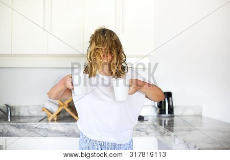 Sleppy Woman With Two Cups Of Coffee In Morning. Hard Morning Wake Up Concept