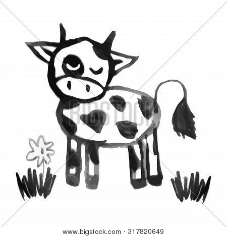 Hand Drawn Illustration. Cute Funny Farm Animal For Kids. Nursery Print Cow. Black, White.