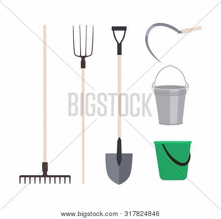 Collection Of Garden Tools Or Agricultural Implements Isolated On White Background - Rake, Pitchfork