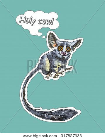 Funny Animal Galago Stickers On A Blue Background. Hand Painted Illustration