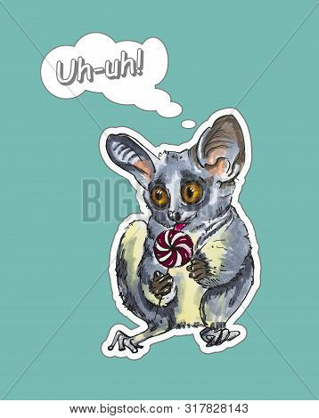 Funny Animal Galago Stickers On A Blue Background. Hand Painted Illustration