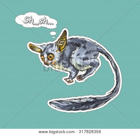 Funny Animal Galago Stickers On A Blue Background. Hand Painted Illustration