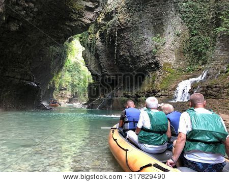 Martvili Canyon In Georgia. Turquoise Water In A Mountain River And Cliffs Of The Reserve. Beautiful