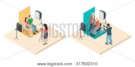 Photo Shoot Isometric. Young And Elderly Couples And Professional Photographers. Vector Professional