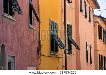 Colorful Buildings Of Castelnuovo Magra, La Spezia, Liguria, Italy,  Historic Town In Lunigiana