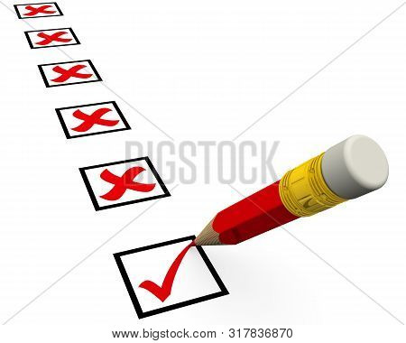Positive Choice Among Negative. A Lot Of Red Negative Check Mark Symbols In Checkboxes And A Detaile