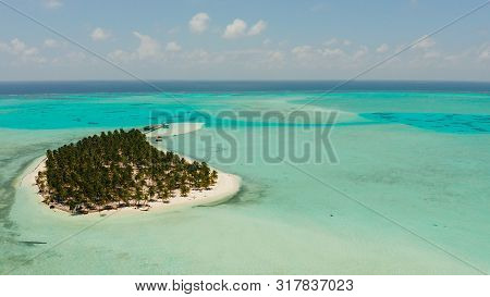 Sand Beach And Tropical Islands By Atoll With Coral Reef, Top View. Onok Island, Balabac, Philippine