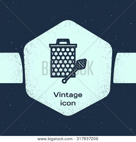 Grunge Line Honeycomb With Honey Dipper Stickicon Isolated On Blue Background. Honey Ladle. Honey Ce