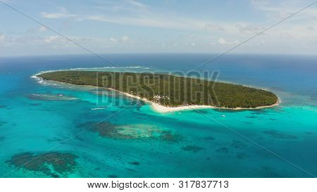 Travel Concept: Sandy Beach On A Tropical Island By Coral Reef Atoll From Above. Daco Island, Philip