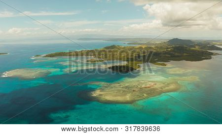 Tropical Islands In Turquoise Lagoon And Coral Reef Water, Aerial View. Bucas Grande, Philippines. S
