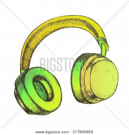 Color Listening Audio Device Wireless Headphones Vector. Portable Electronic Gadget Headphones For T