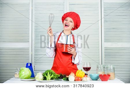 Use Hand Whisk. Woman Chef Hold Whisk And Pot. Girl In Apron Whipping Eggs Or Cream. Start Slowly Wh