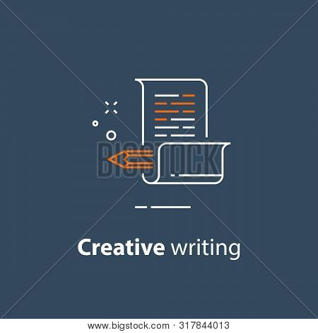 Creative Writing, Storytelling Concept, Pencil And Paper, Copywriting, Vector Line Icon