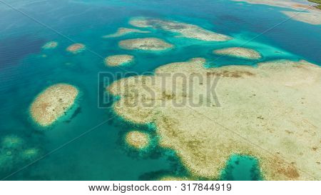 Seascape: Atoll And Coral Reef With Blue Water, Copy Space For Text. From Above. Bucas Grande, Phili
